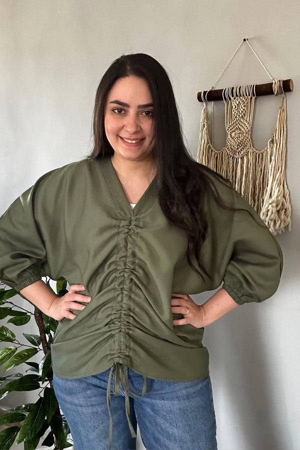 Olive Linen Zipper Blouse