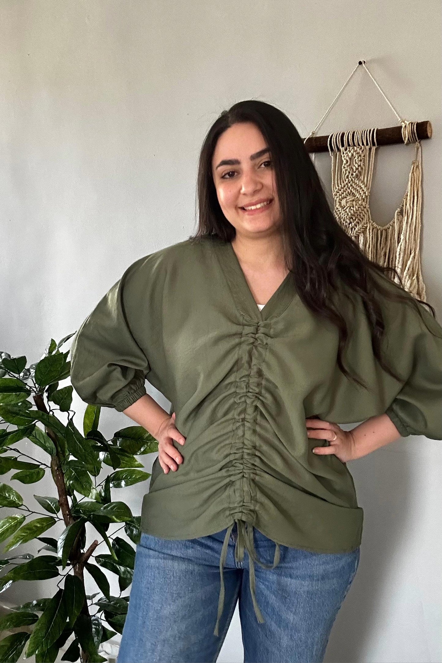 Olive Linen Zipper Blouse